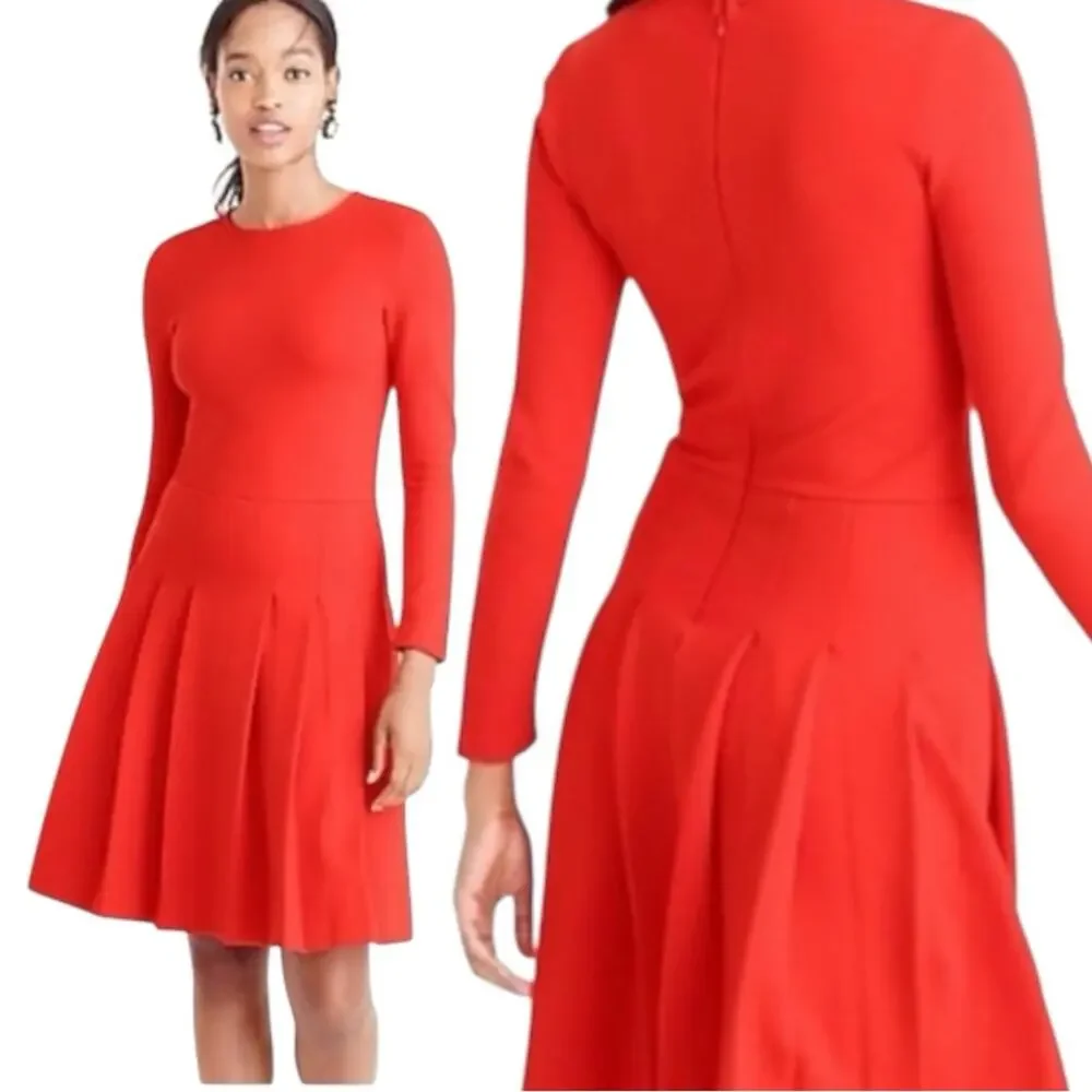 J. Crew Elegant Pleated Long Sleeve Red Knit Mini Dress Size 8 like new